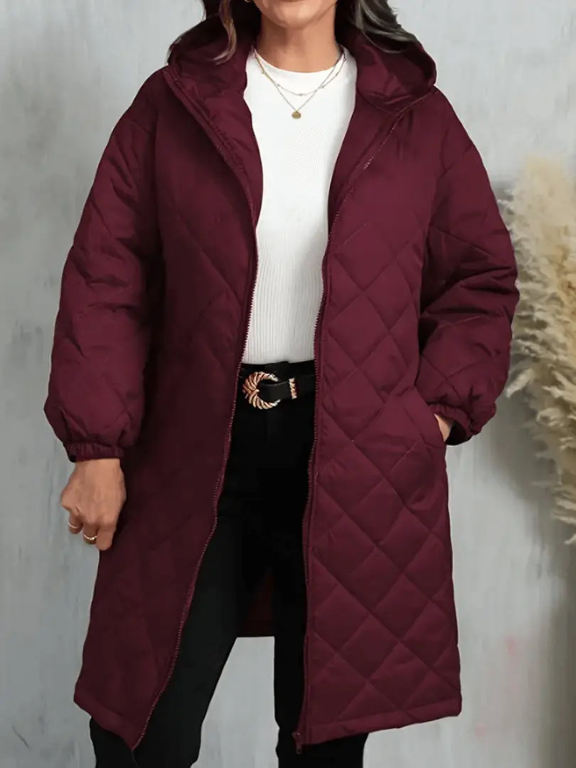 padded winter jacket with diamond pattern stitching and long fit