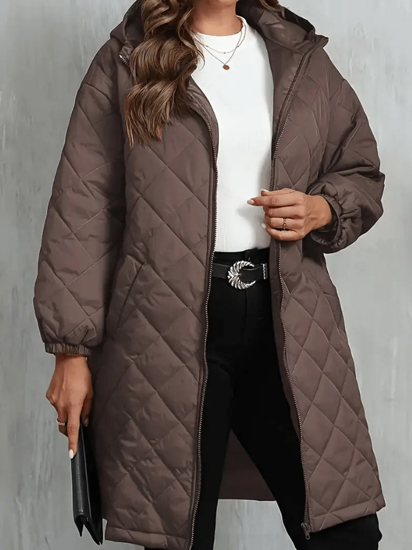 womens long coat with quilted panels and zip closure detail