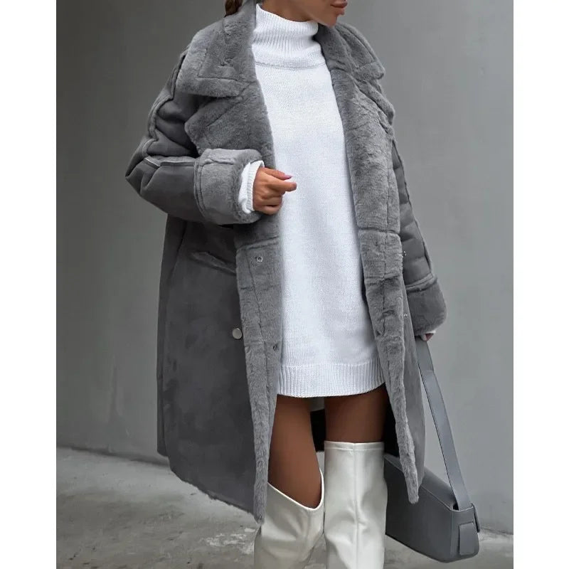 Manteau Long à Double Boutonnage en Imitation Fourrure pour Femme