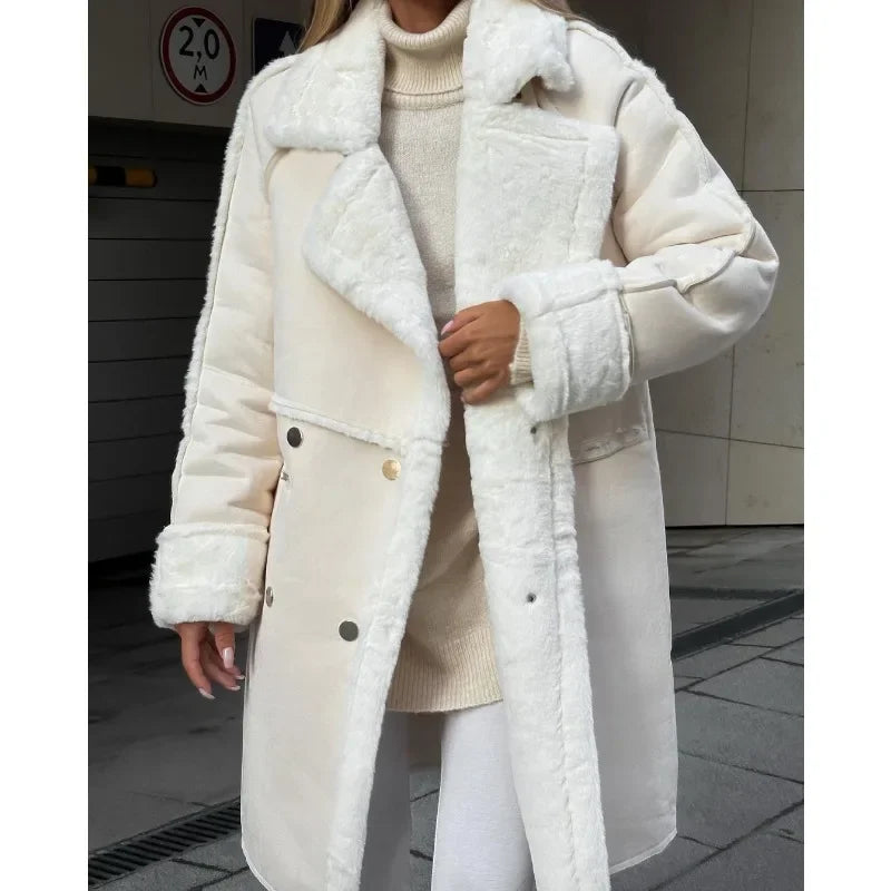 Manteau Long à Double Boutonnage en Imitation Fourrure pour Femme