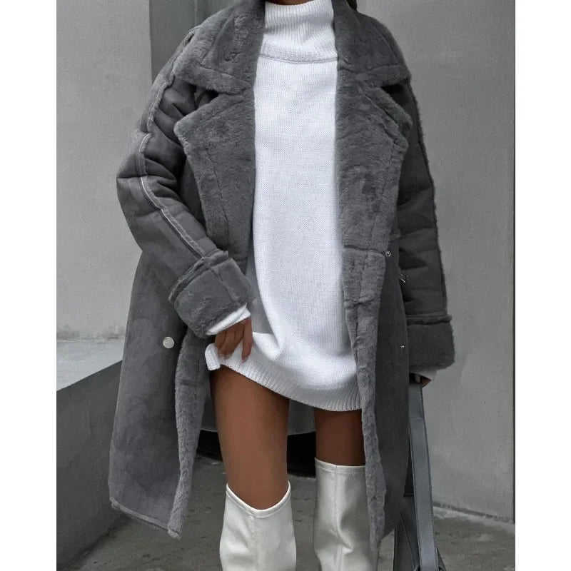 Manteau Long à Double Boutonnage en Imitation Fourrure pour Femme