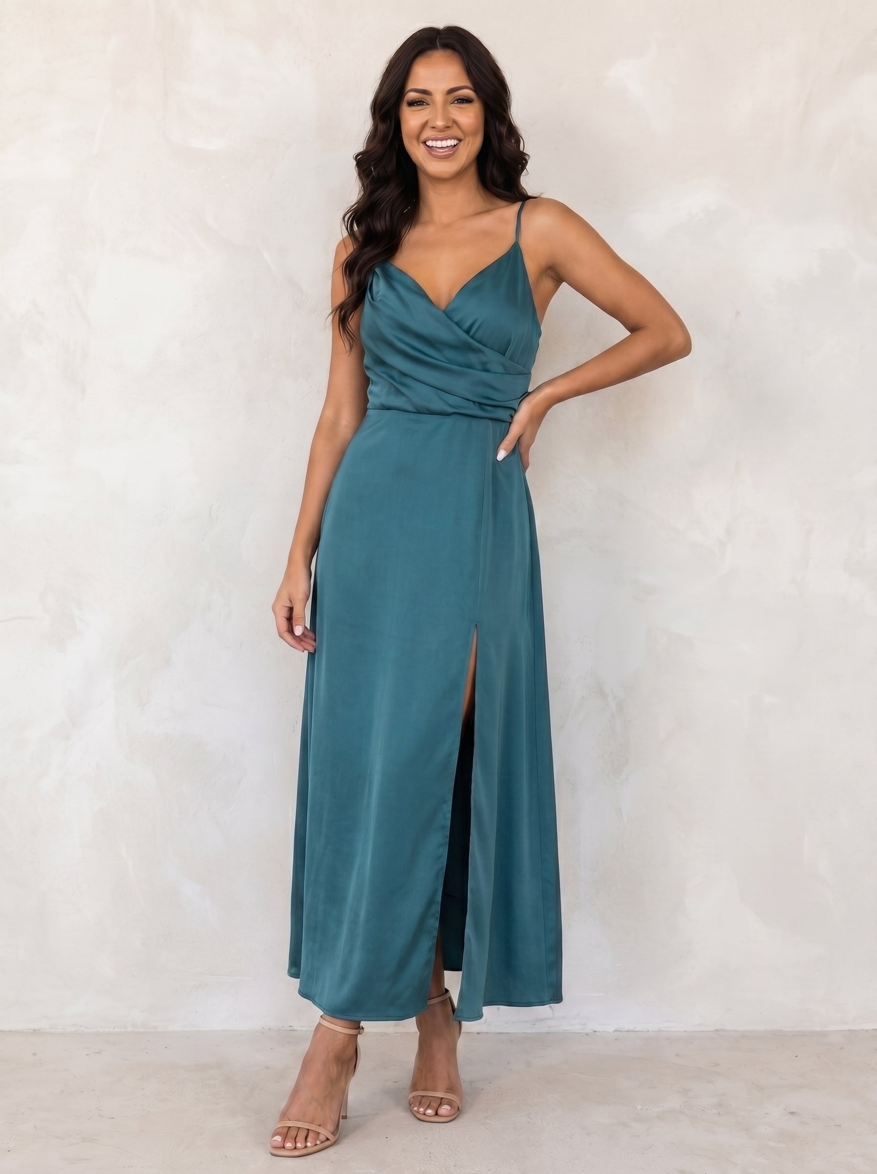 Back view of fitted maxi dress with shoulder straps