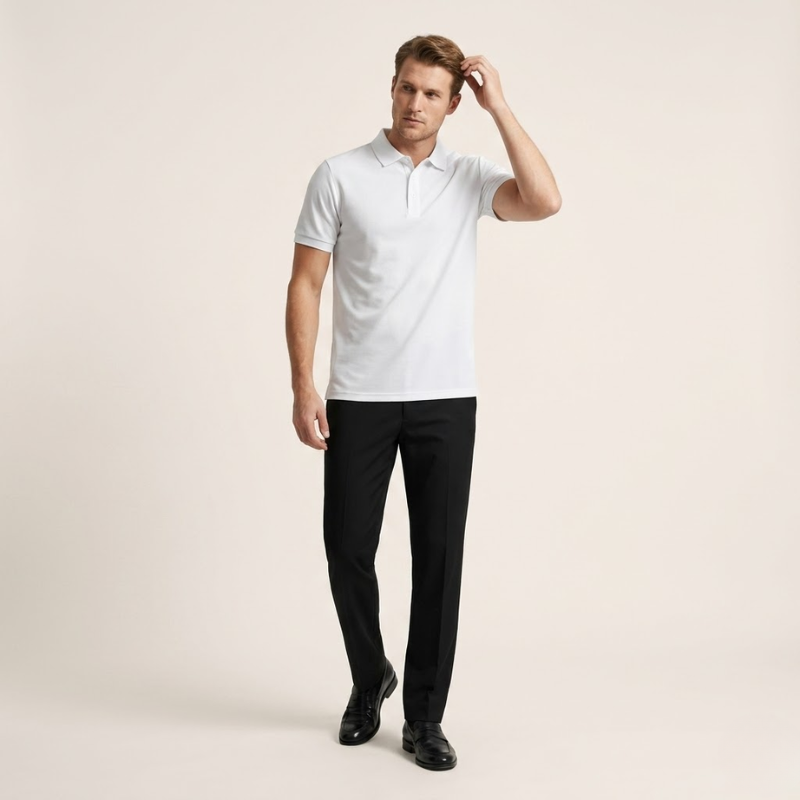 Angled rear view showing the regular fit profile of the men's short sleeve polo shirt