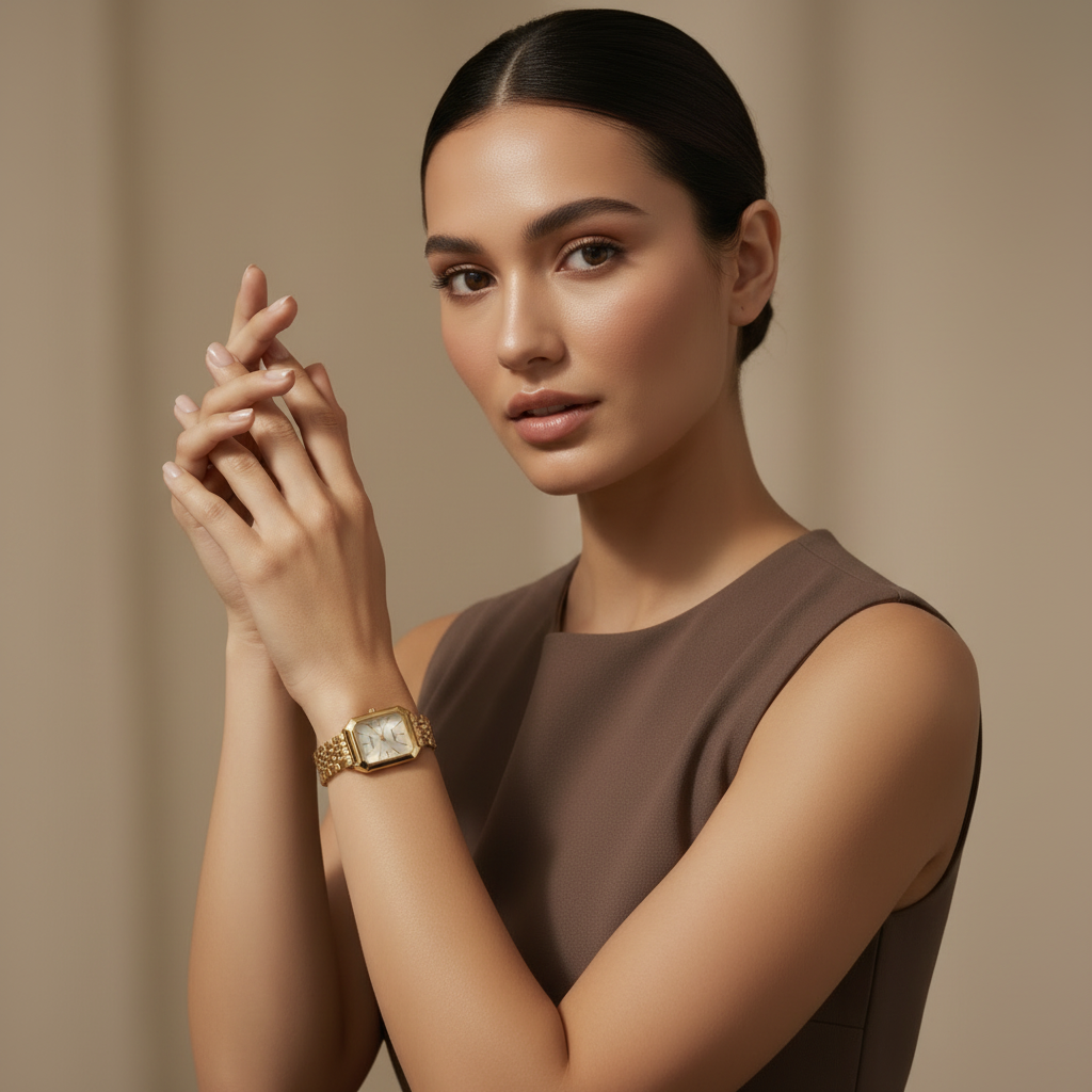 Women's rectangular quartz watch with metal link bracelet