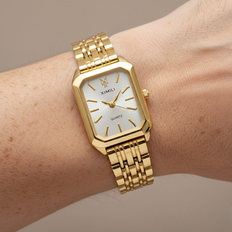 Women's analogue watch with rectangular metal case