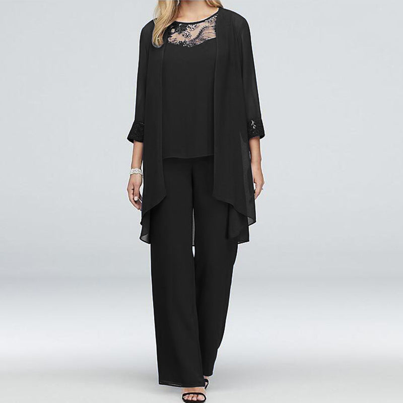 Tailored woven jacket paired with wide-leg trousers