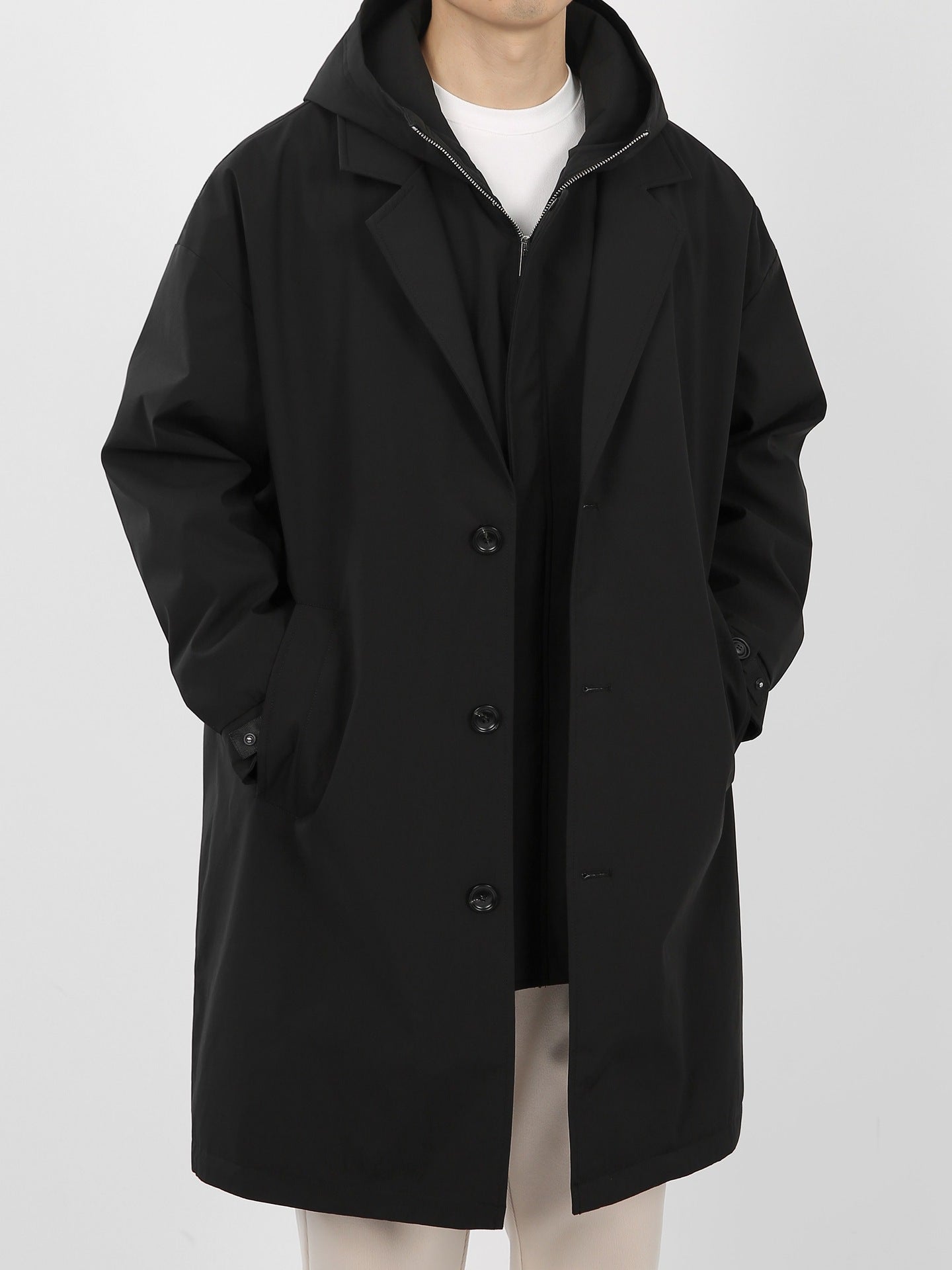 Zip-up hooded coat with drawstring hood casual style men

