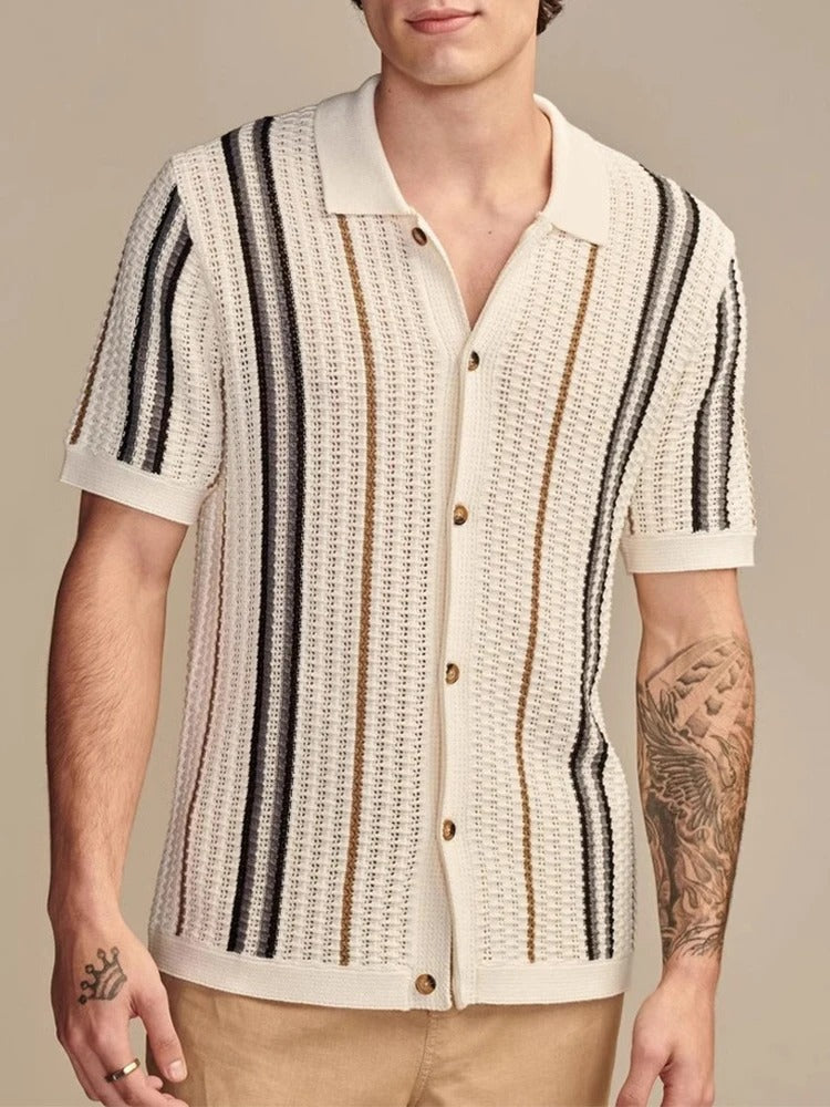 Men's beige polo shirt with button placket and structured collar – front view