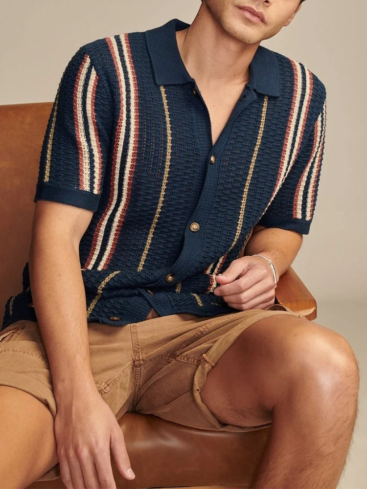 Men's navy blue polo shirt with ribbed centre panel – detail or alternate angle view