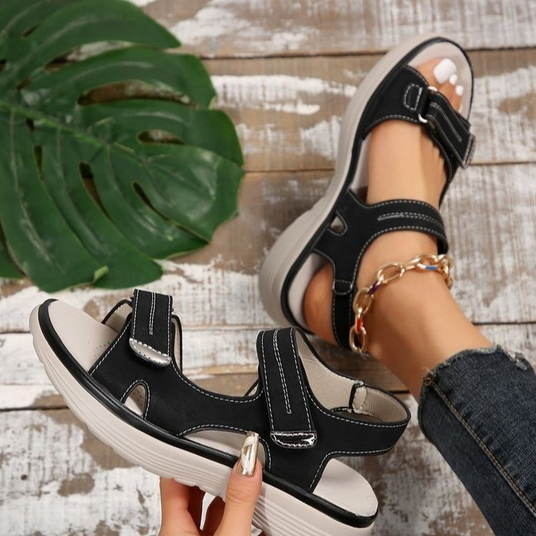 Women's black orthopaedic platform sandals with casual fit design, black colourway