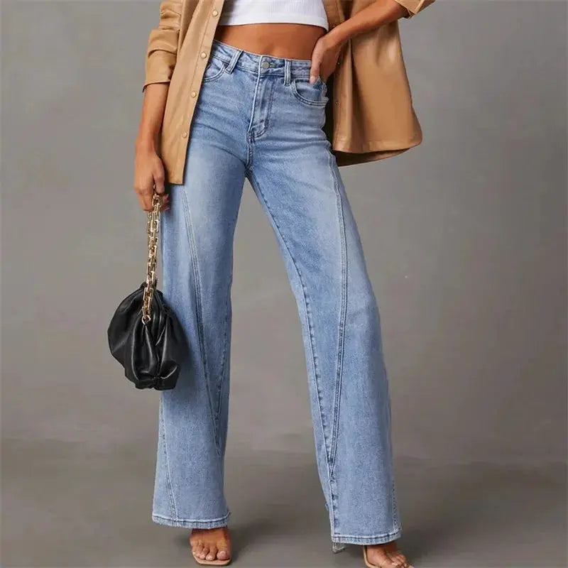 Jean Taille Haute à Jambe Large avec Coutures Devant Femme