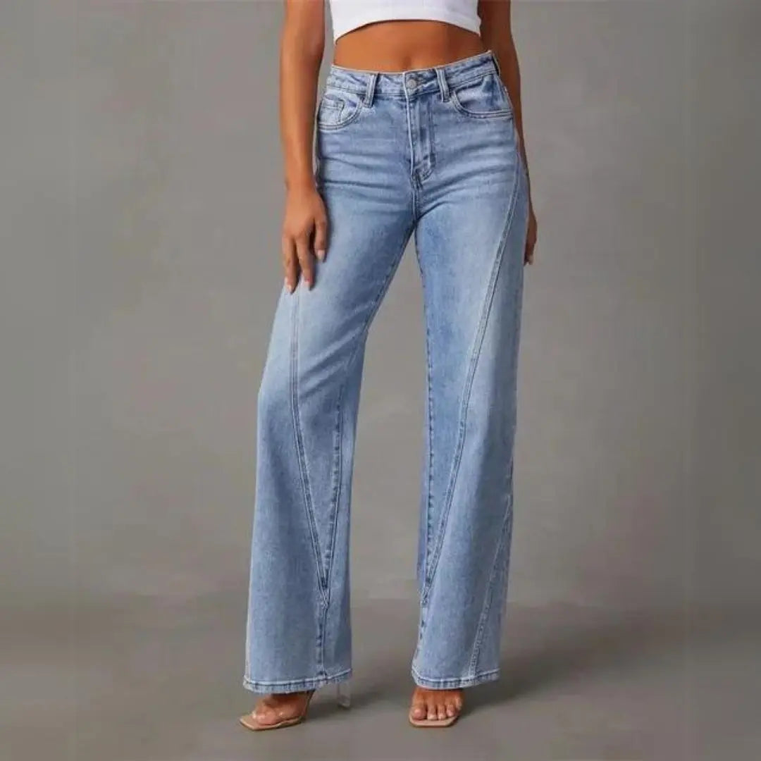 Jean Taille Haute à Jambe Large avec Coutures Devant Femme