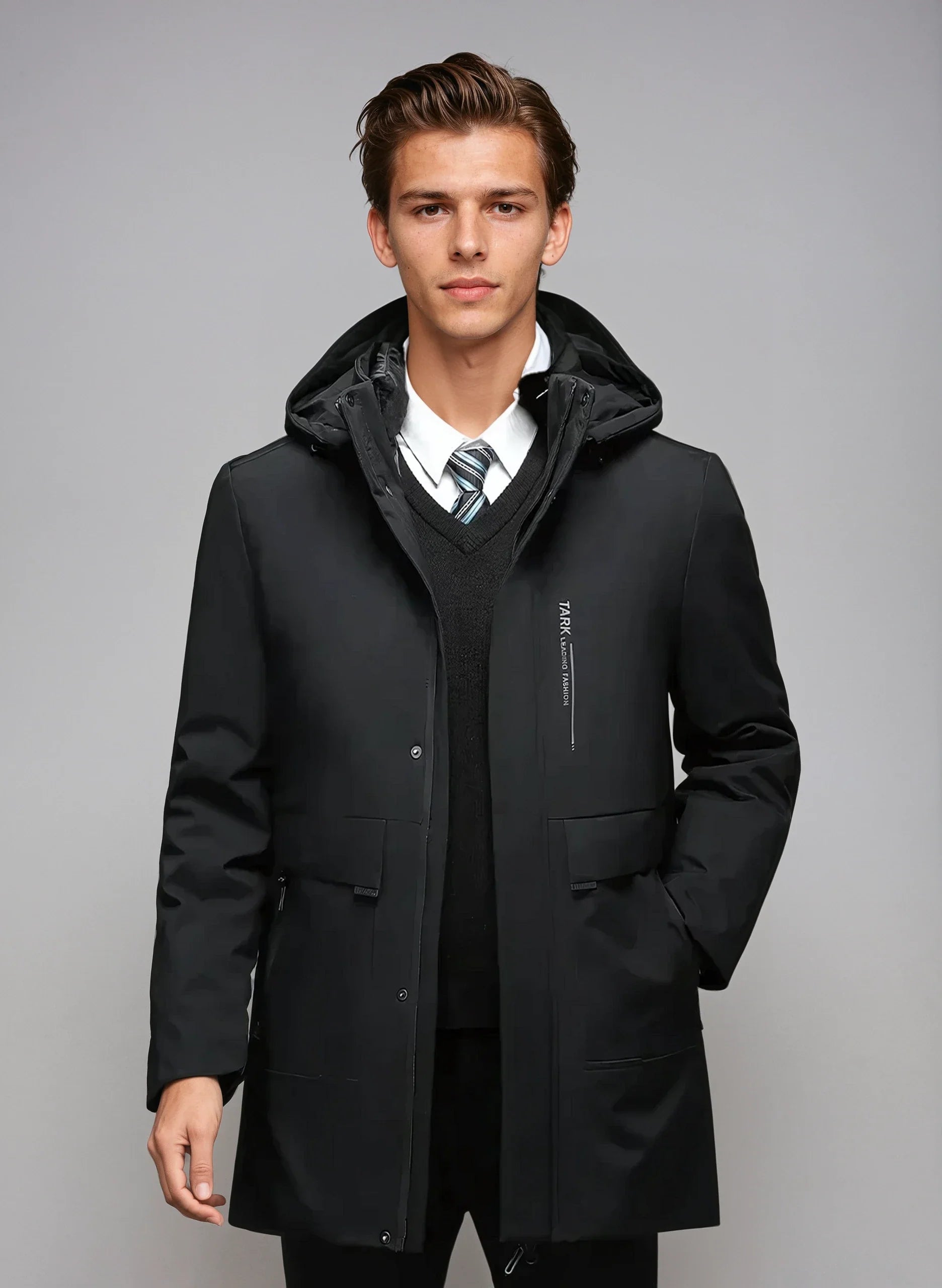 wool blend parka with detachable hood shown from front angle