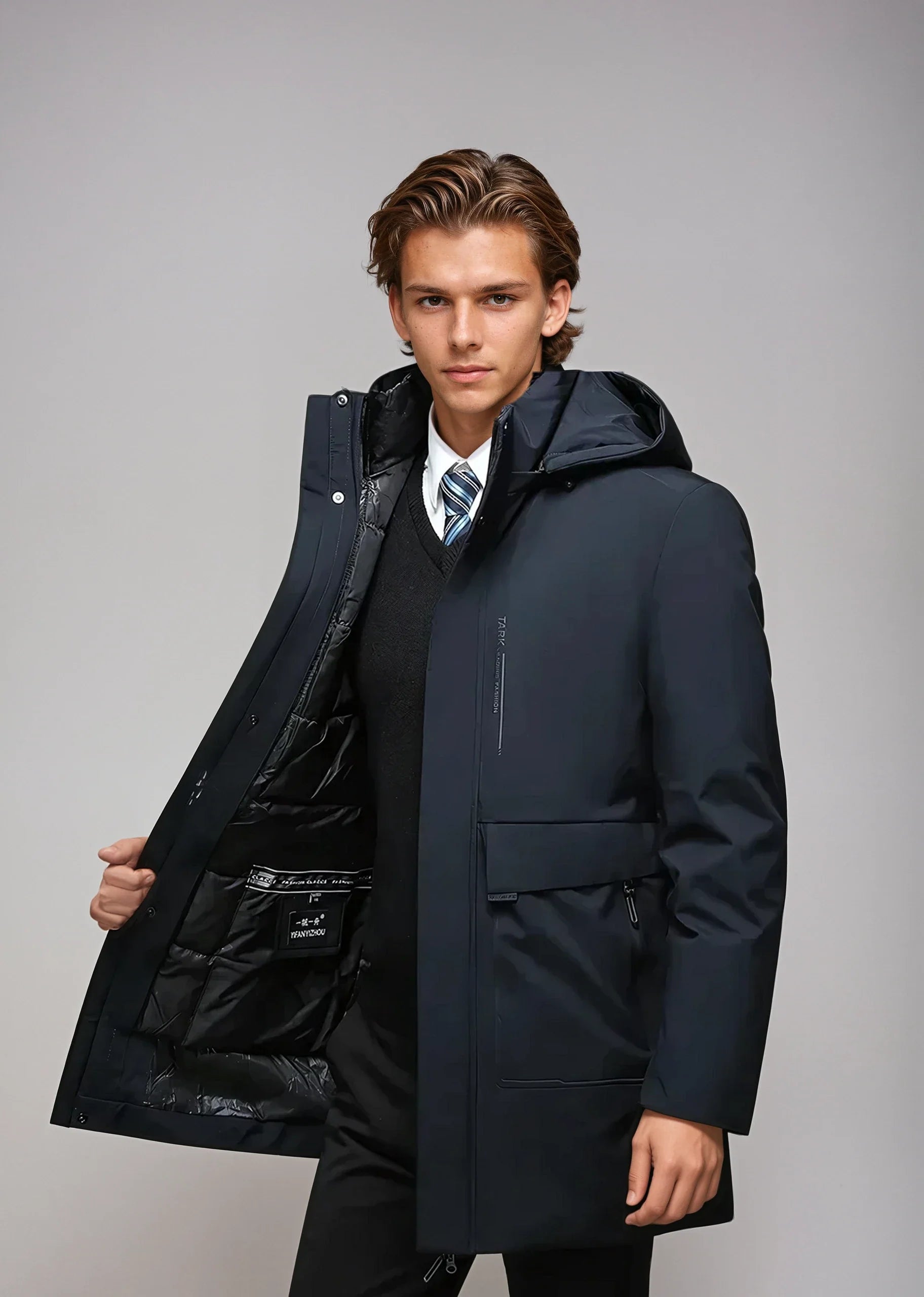 mens hooded jacket with zip and snap closure detail view