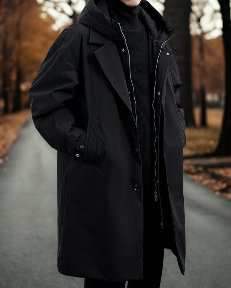 Manteau Long à Capuche avec Fermeture Boutons et Zip Homme
