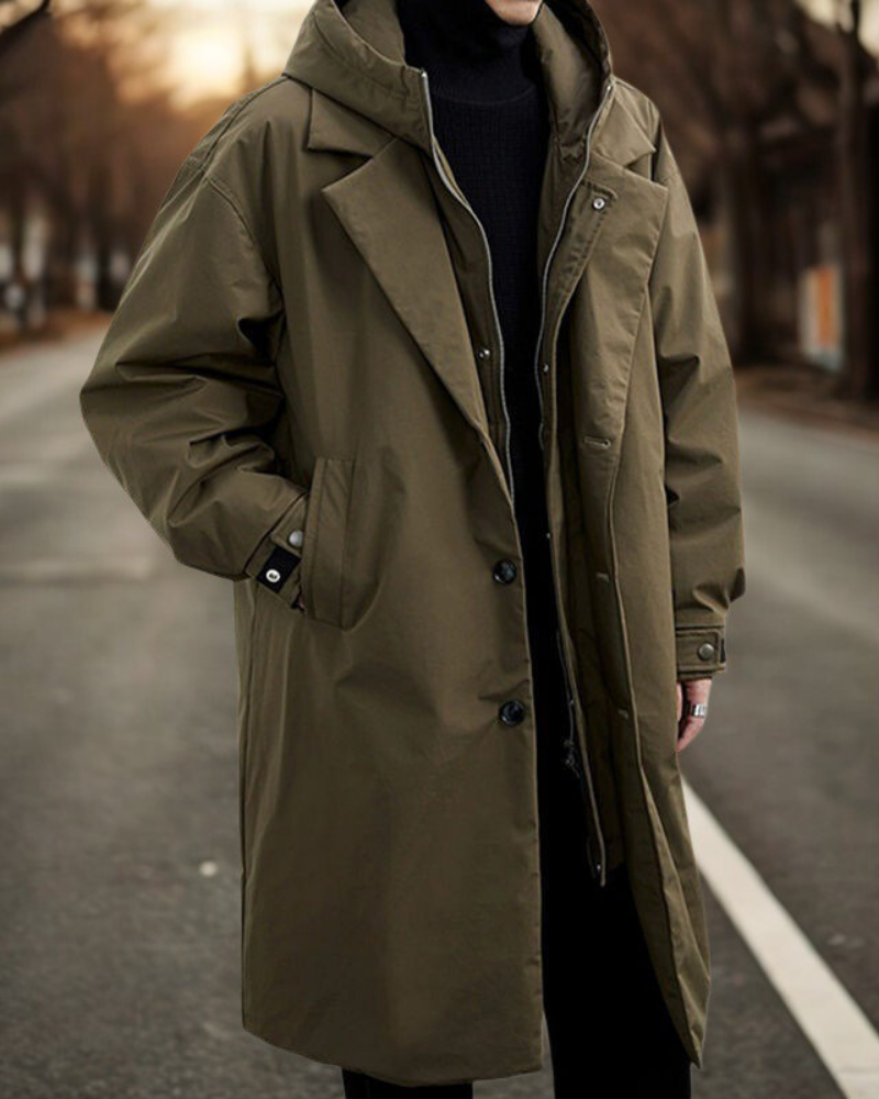 Manteau Long à Capuche avec Fermeture Boutons et Zip Homme