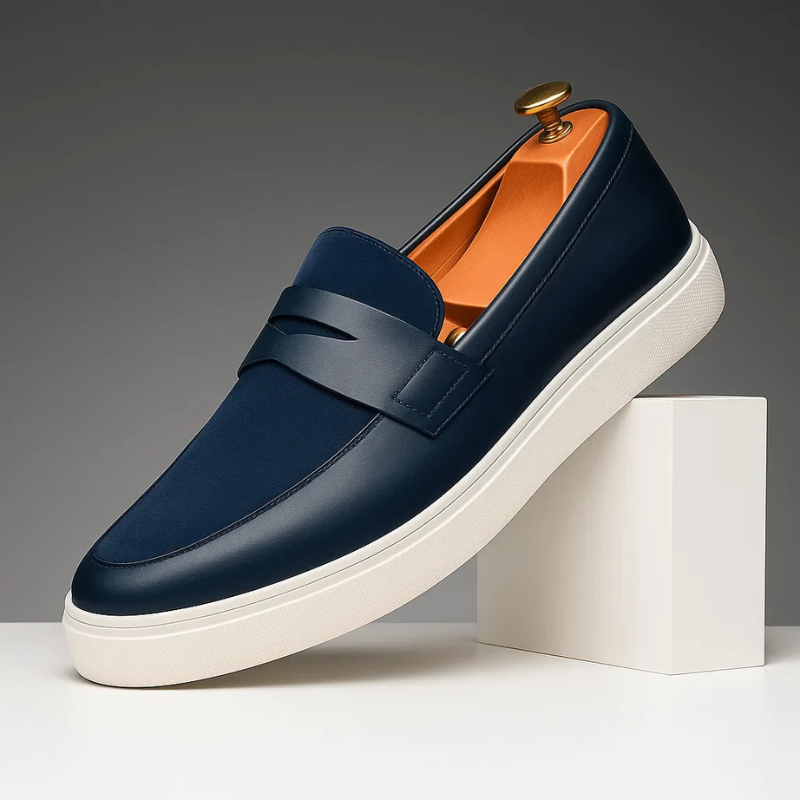 Men's penny loafers displayed from a top-down or overhead angle — Montelu