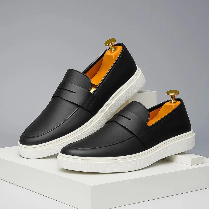 Men's slip-on penny loafers in Black — PU upper, smart casual fit, sizes 39–46 — Montelu