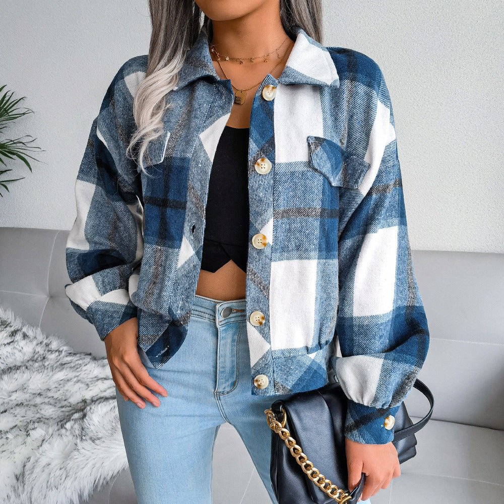 Women's blue plaid jacket with button closure and long sleeves, casual regular fit