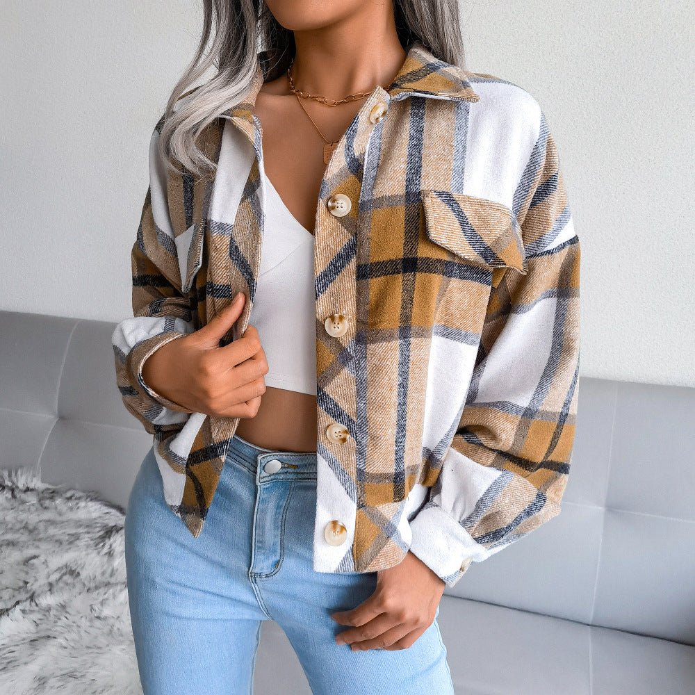 Women's khaki plaid jacket with button closure and long sleeves, casual outerwear