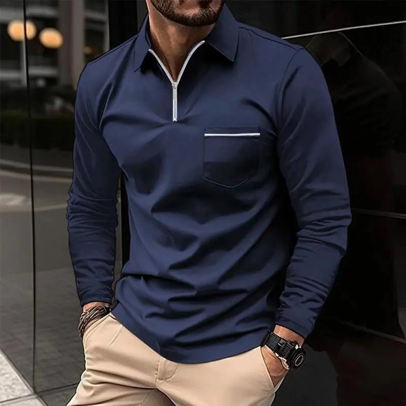 cotton polo displaying chest pocket and zip closure