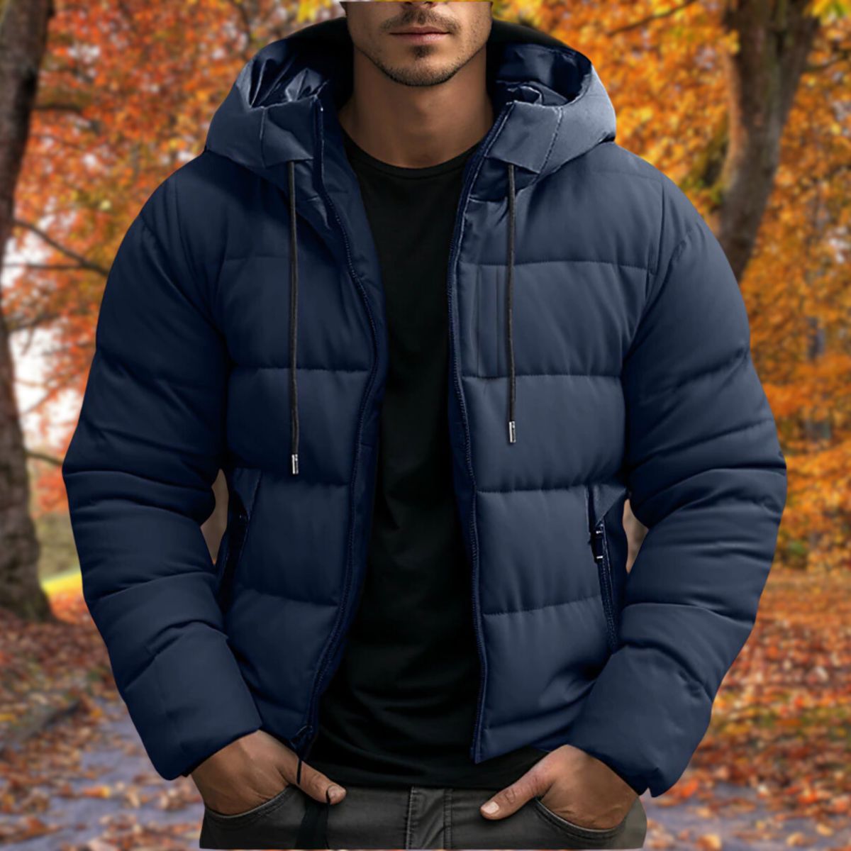 Hooded polyester jacket with textured fleece fabric for men
