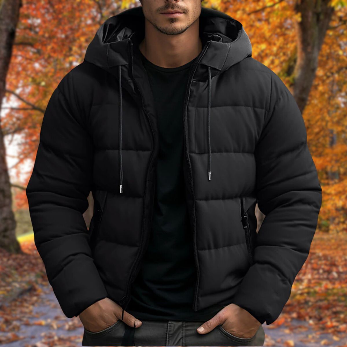Back view of hooded fleece jacket in regular fit for men
