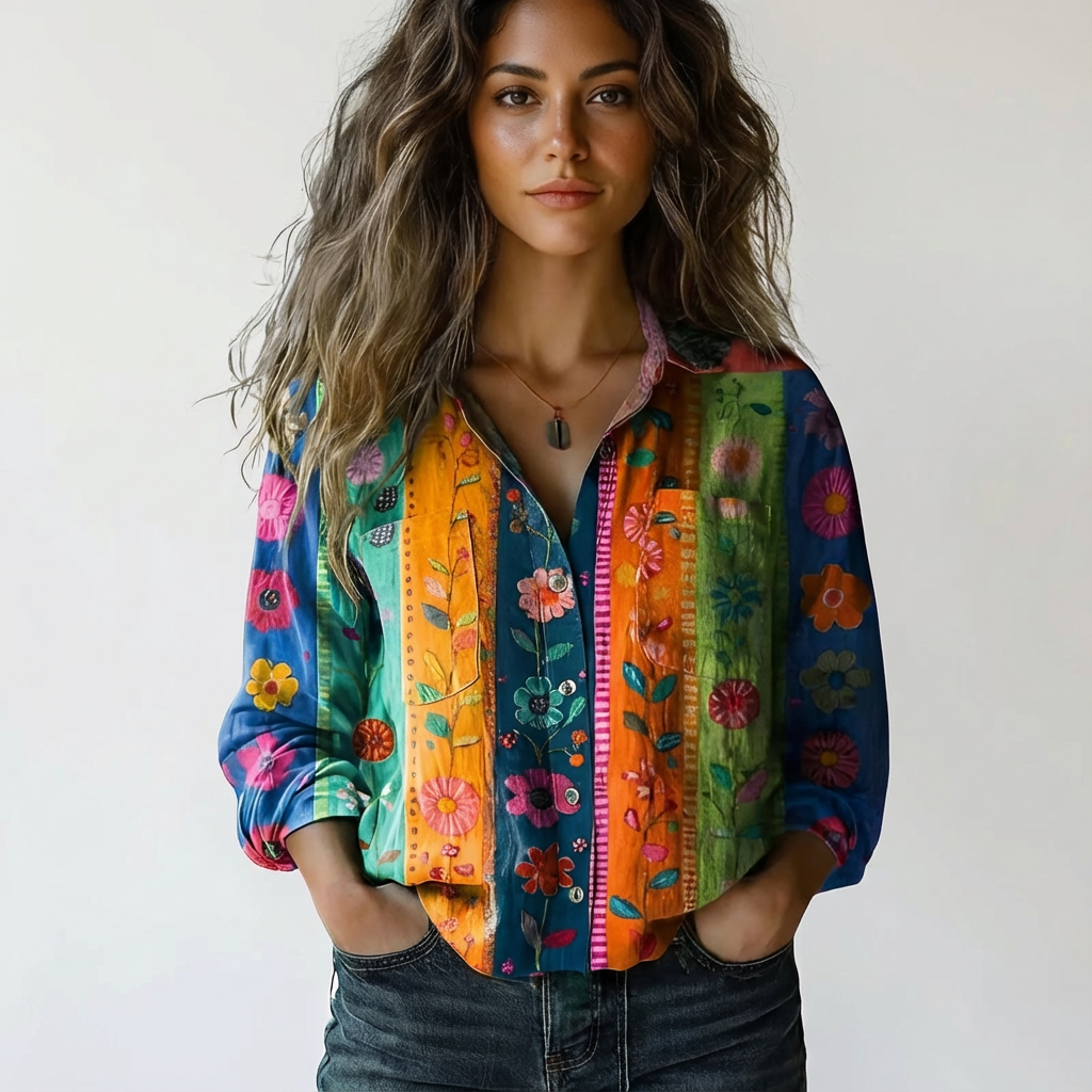 Ladies long sleeve shirt highlighting the printed pattern