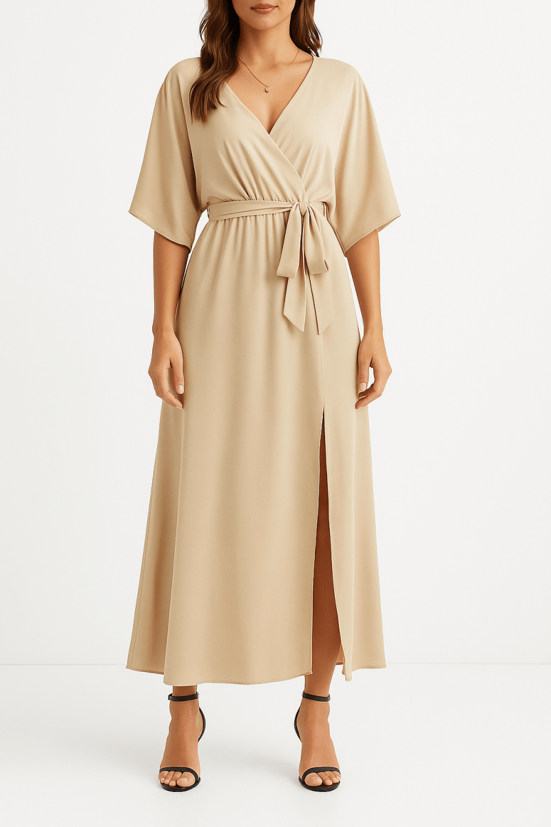Women's casual summer dress in champagne – V-neck sash tie, knee length, relaxed fit
