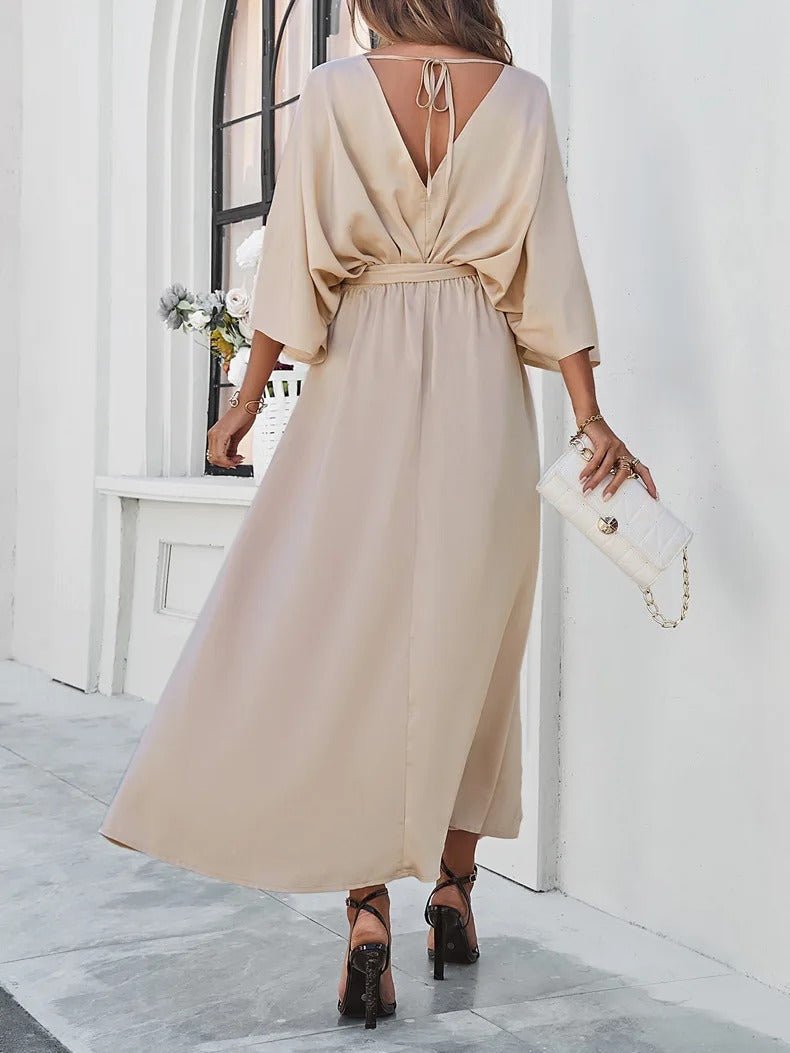 Women's casual summer dress in champagne– V-neck sash tie, relaxed fit, knee length
