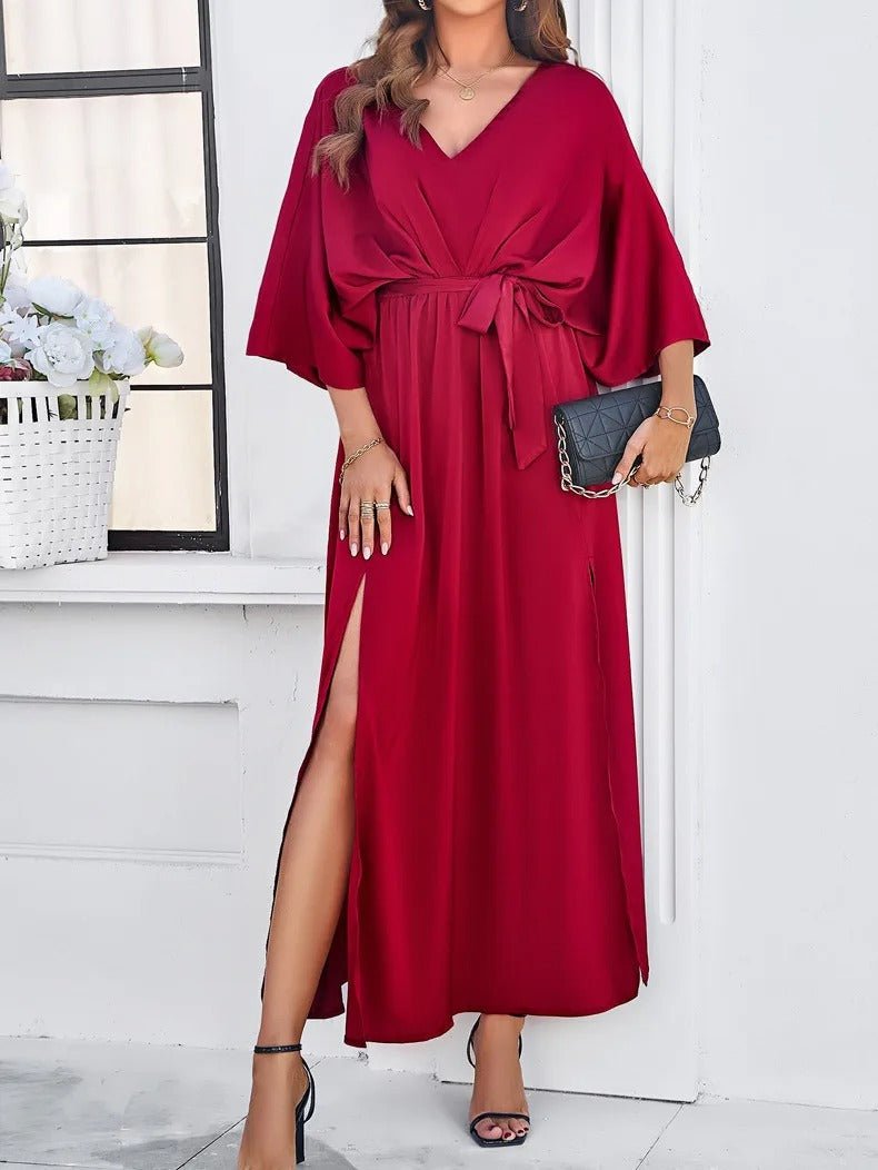 RED polyester knee-length dress for women – casual V-neck style with sash closure