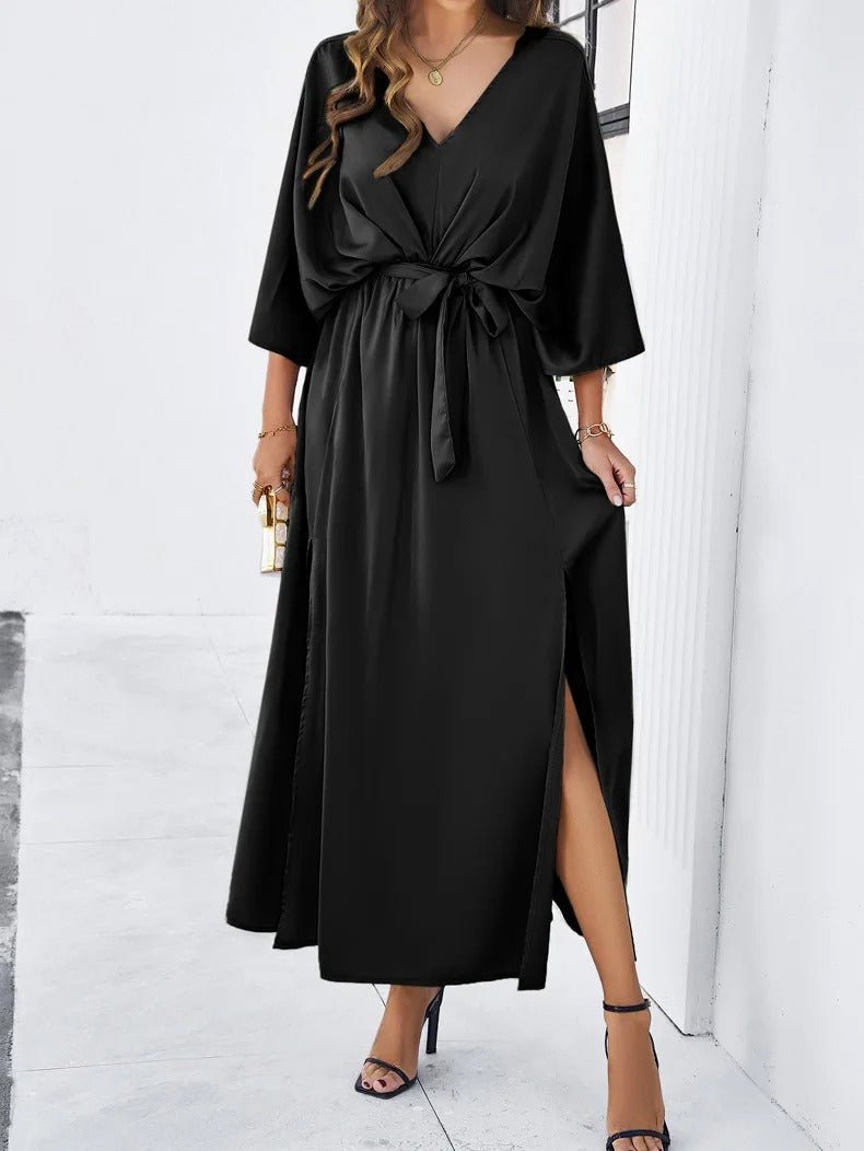 Women's casual summer dress in BLACK– V-neck sash tie, relaxed fit, knee length
