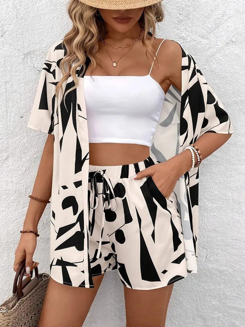 Women's short sleeve short set with coordinated print detailing