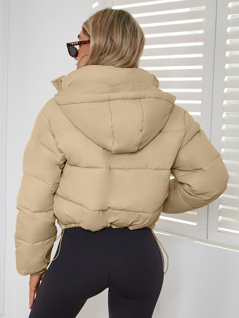 Nylon puffer jacket side view relaxed fit women