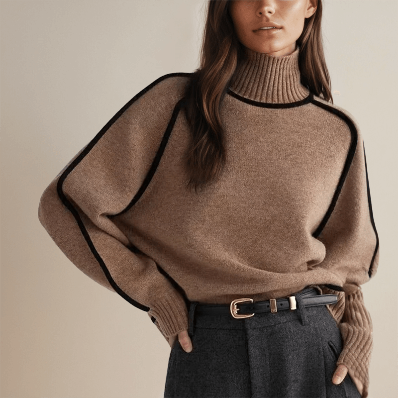 Pull à col roulé côtelé avec liseré contrastant pour femme