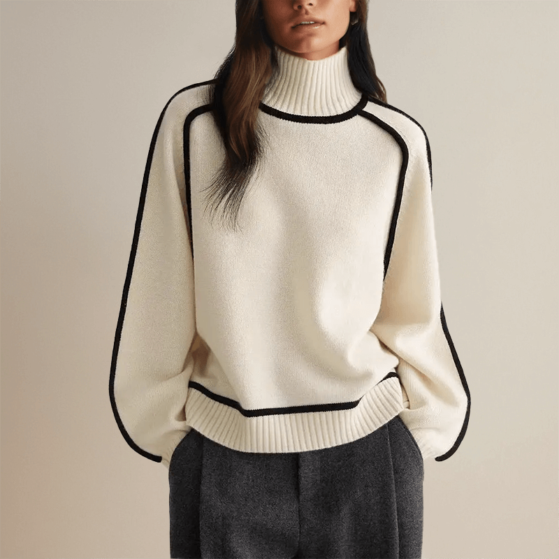 Pull à col roulé côtelé avec liseré contrastant pour femme