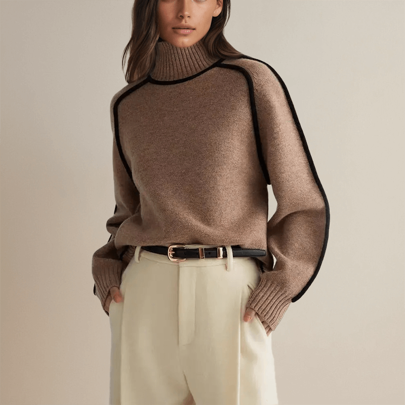 Pull à col roulé côtelé avec liseré contrastant pour femme