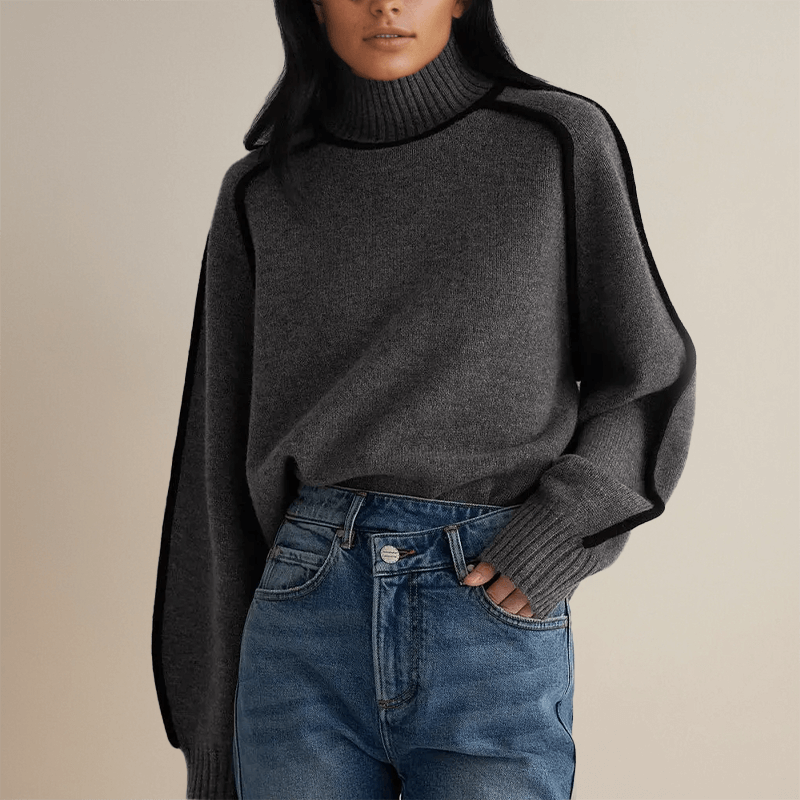 Pull à col roulé côtelé avec liseré contrastant pour femme
