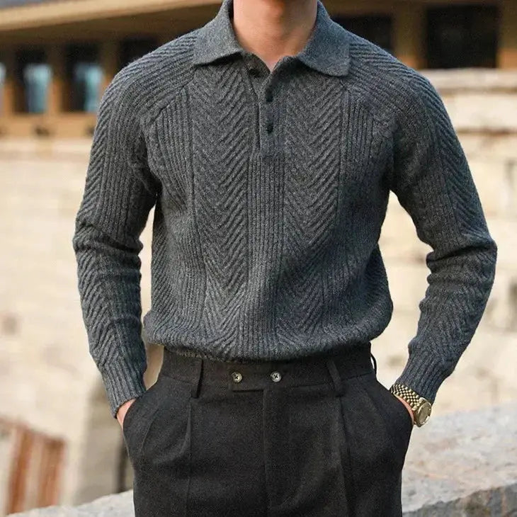 wool knit polo jumper with collar detail showing ribbed texture side angle