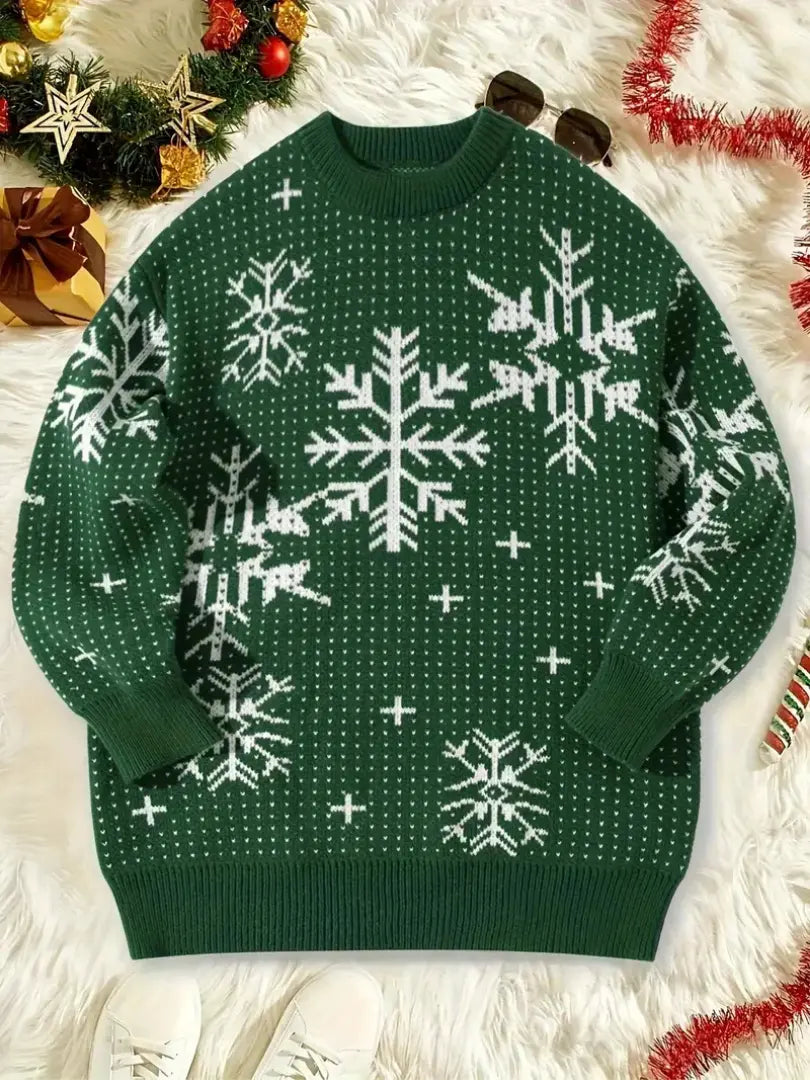 Pull de Noël Vert Femme Motif Flocons de Neige
