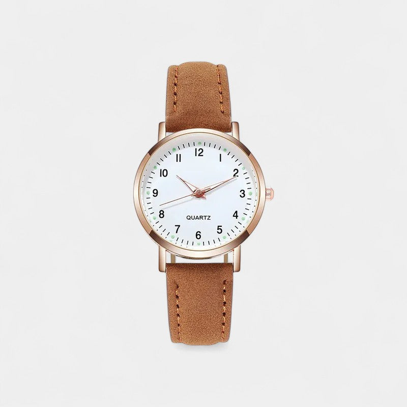 Women's analogue watch featuring a round case and leather-effect strap