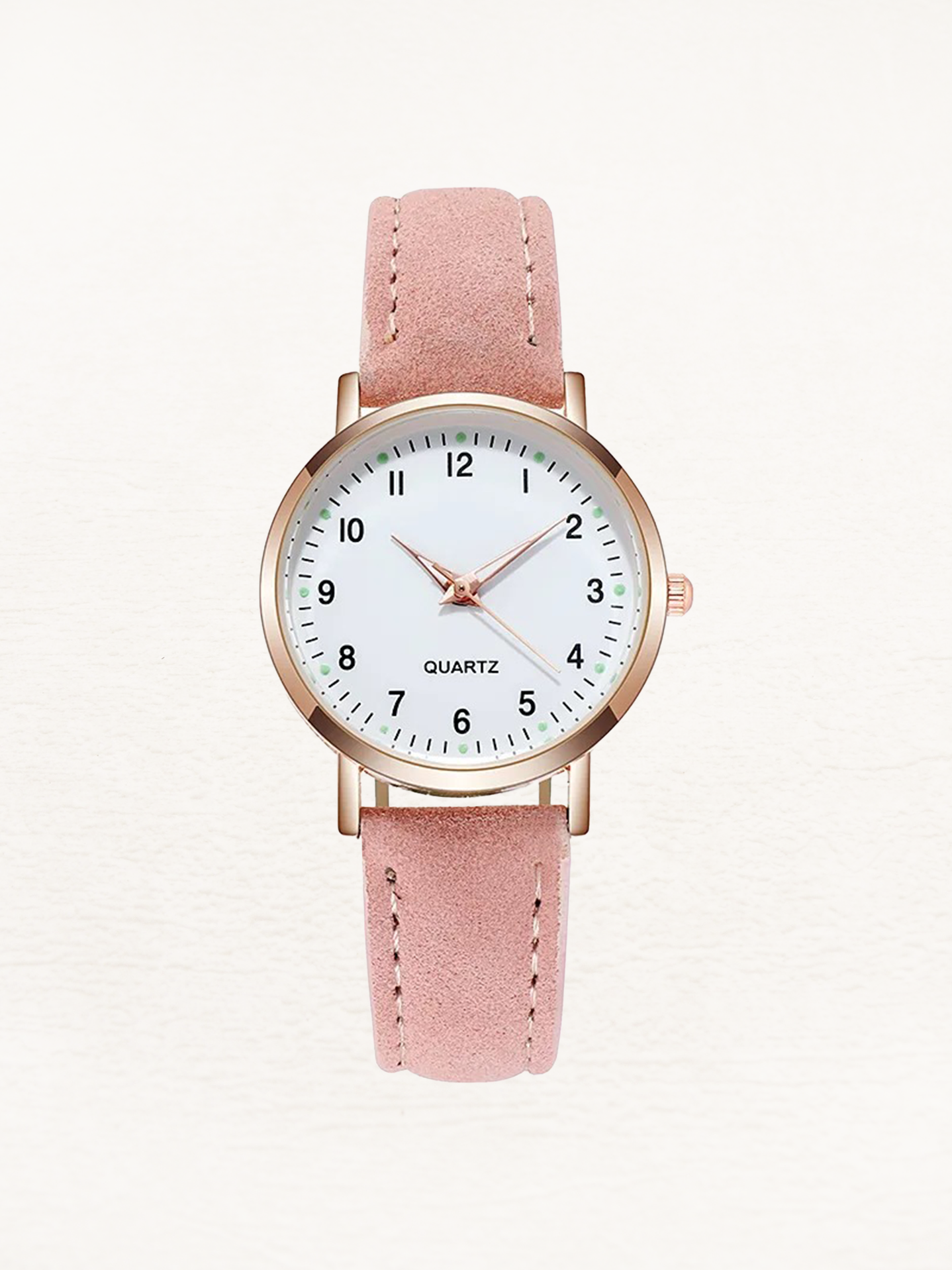Women's quartz watch with round metal case and imitation leather strap