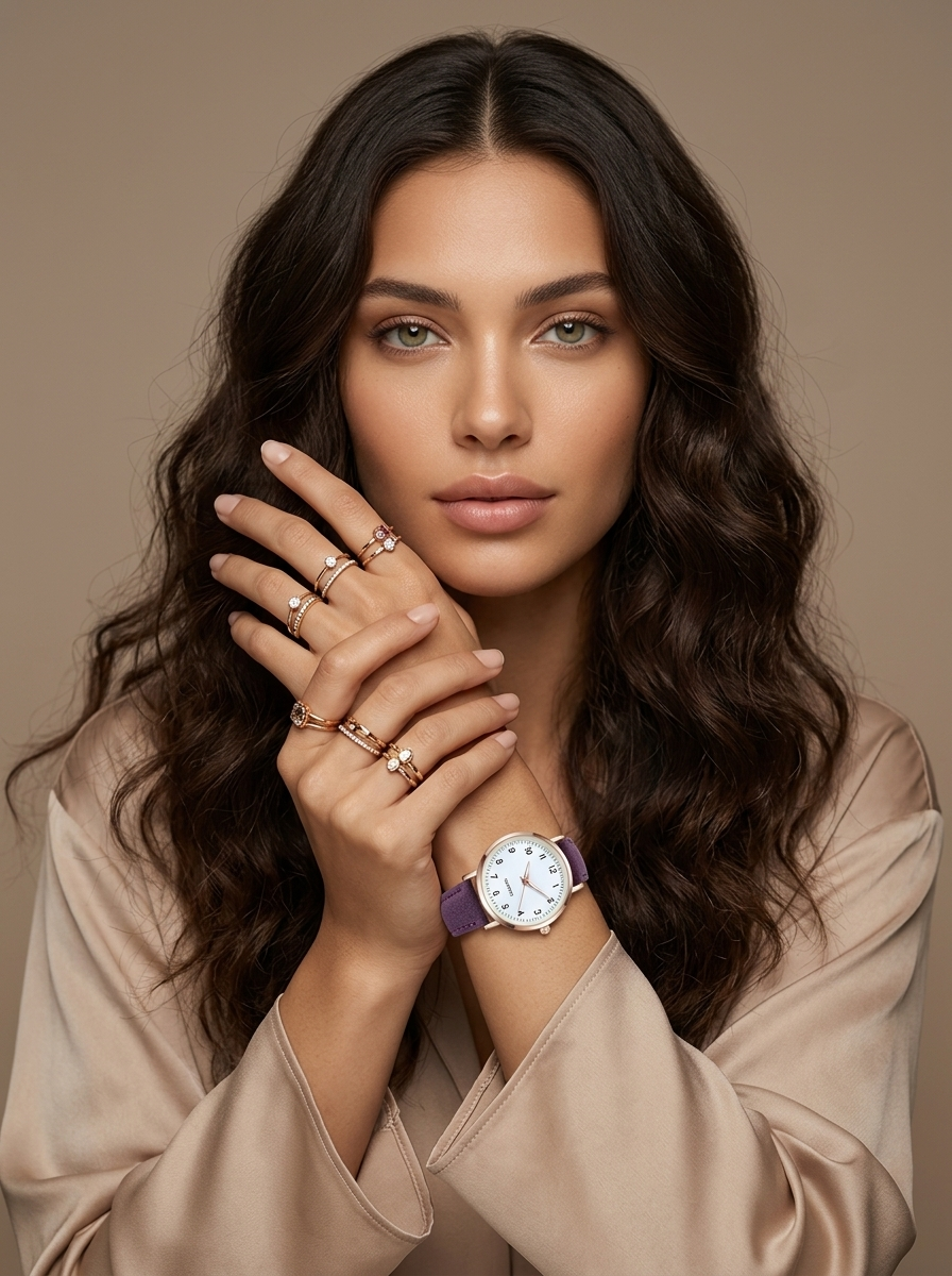 Women's round quartz leather watch showcasing the complete design