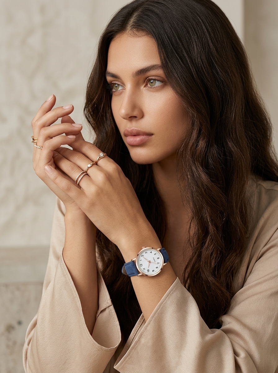 Women's analogue watch showcasing the polished metal case