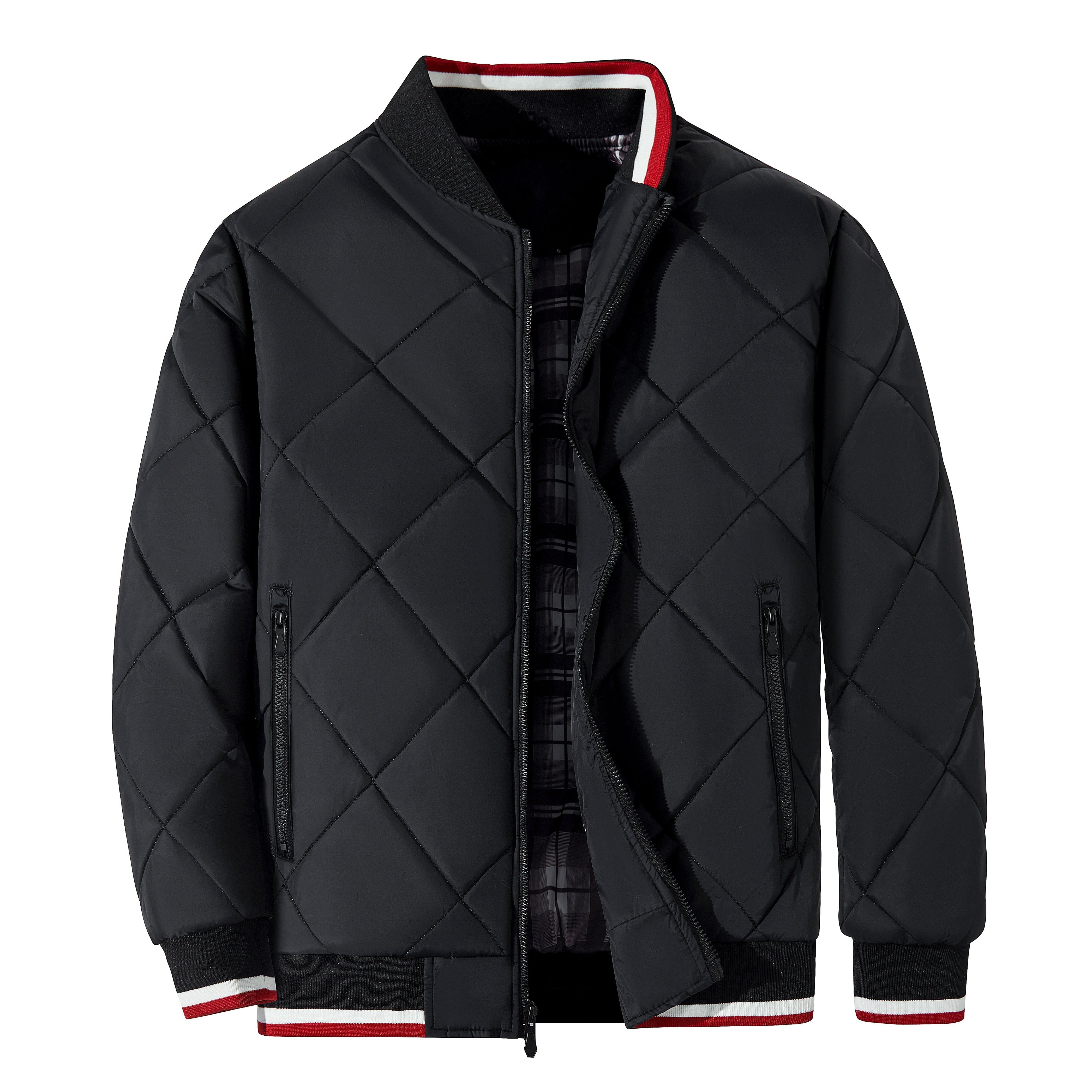 Winter jacket showing quilted panel and zip detail for men
