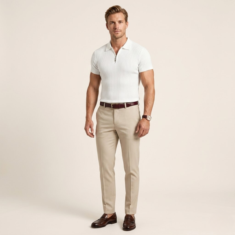 Rear view of a fitted short sleeve ribbed polo shirt showing the clean back construction
