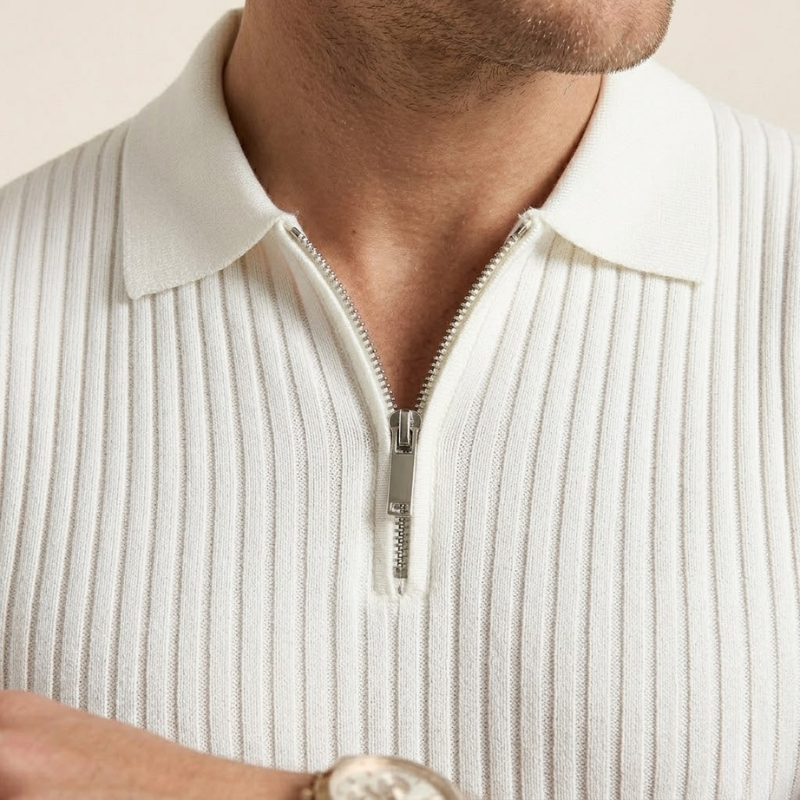 Close-up of the zip neck polo collar with neatly stitched ribbed knit detailing
