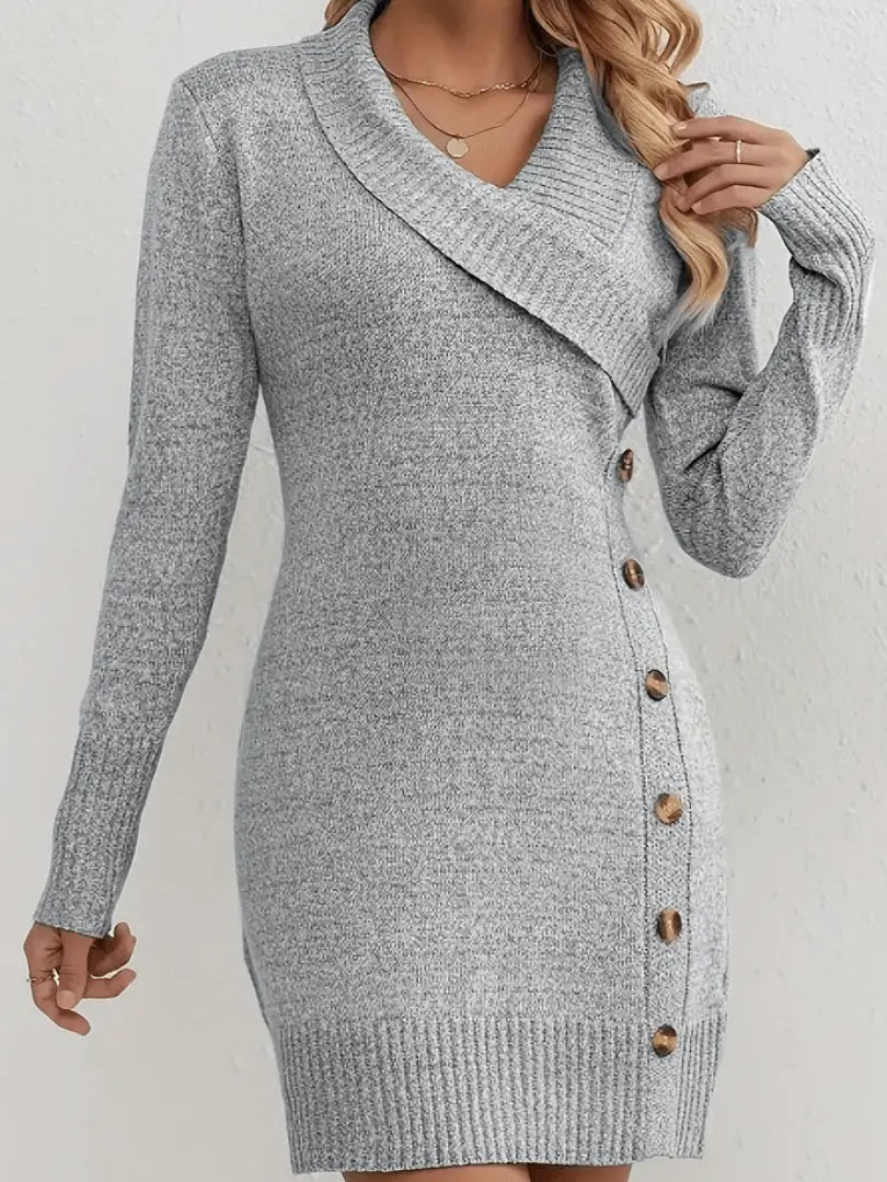 knitted dress with side button fastening and long sleeves shown from front angle