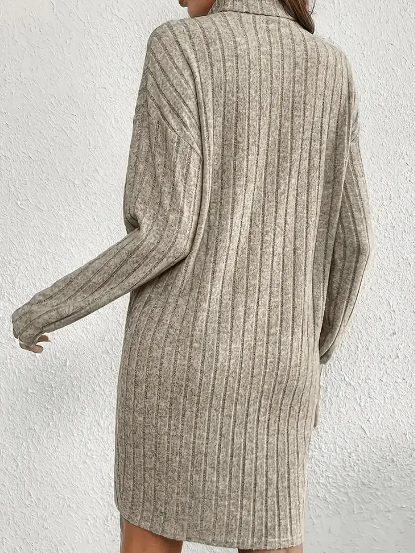 knitted dress with ribbed pattern shown from three quarter angle