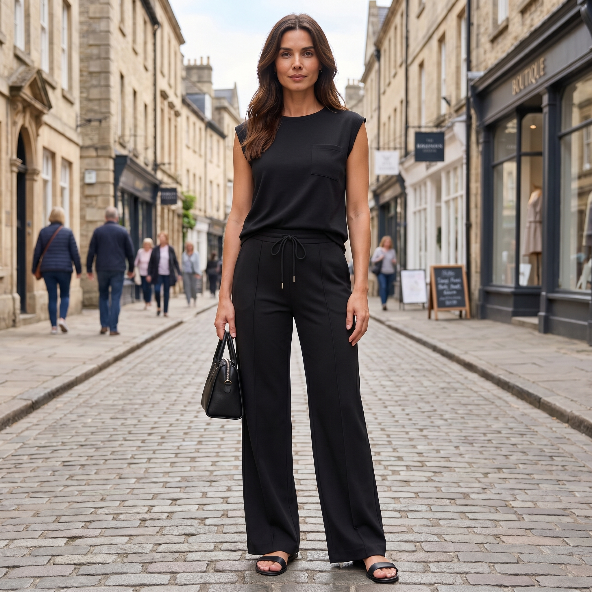 Women's black spandex lounge co-ord set with sleeveless top and matching trousers